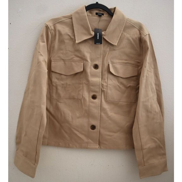Express 09710136-0557 Women's Sz L Khaki Twill Cropped Shirt Jacket Shacket - Picture 1 of 9